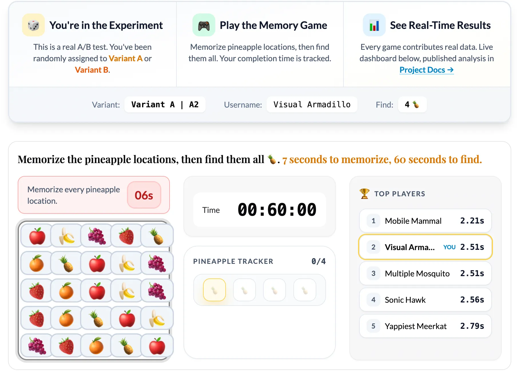 Screenshot of the A/B Testing Memory Game showing the 5x5 grid with fruit emojis and game controls