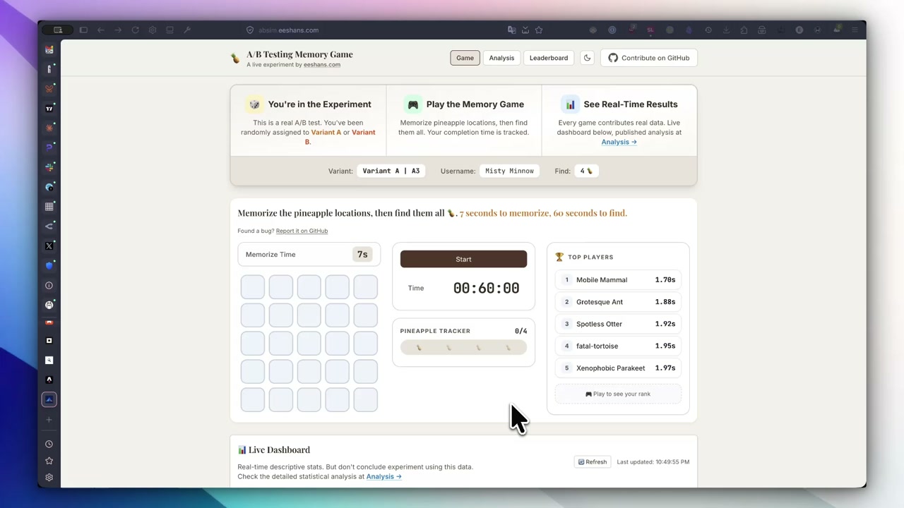 A/B Testing Memory Game screenshot